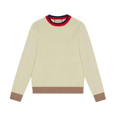 Gucci SS23 Beige Long Sleeve Sweater with Striped Trims 716348-XKCQD-9275
