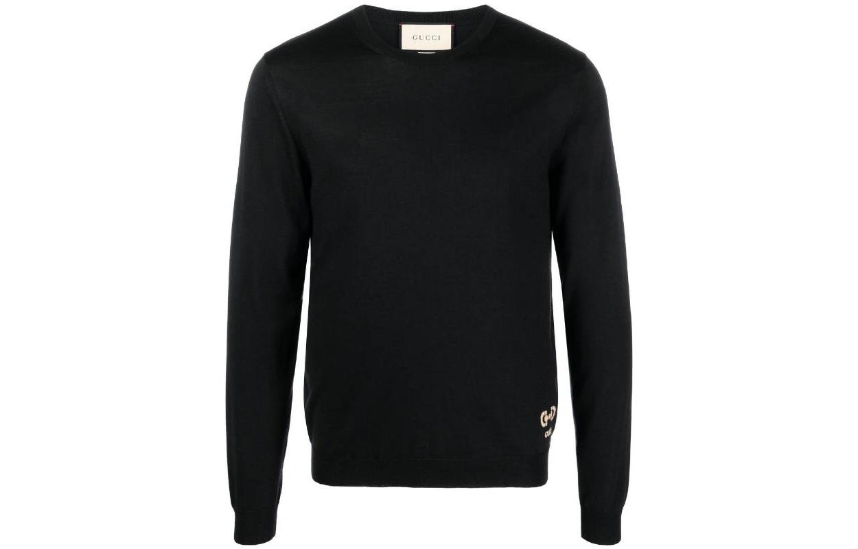 Gucci SS23 Black Crewneck Knit Sweater with Logo Embroidery 730974-XKCOR-1000