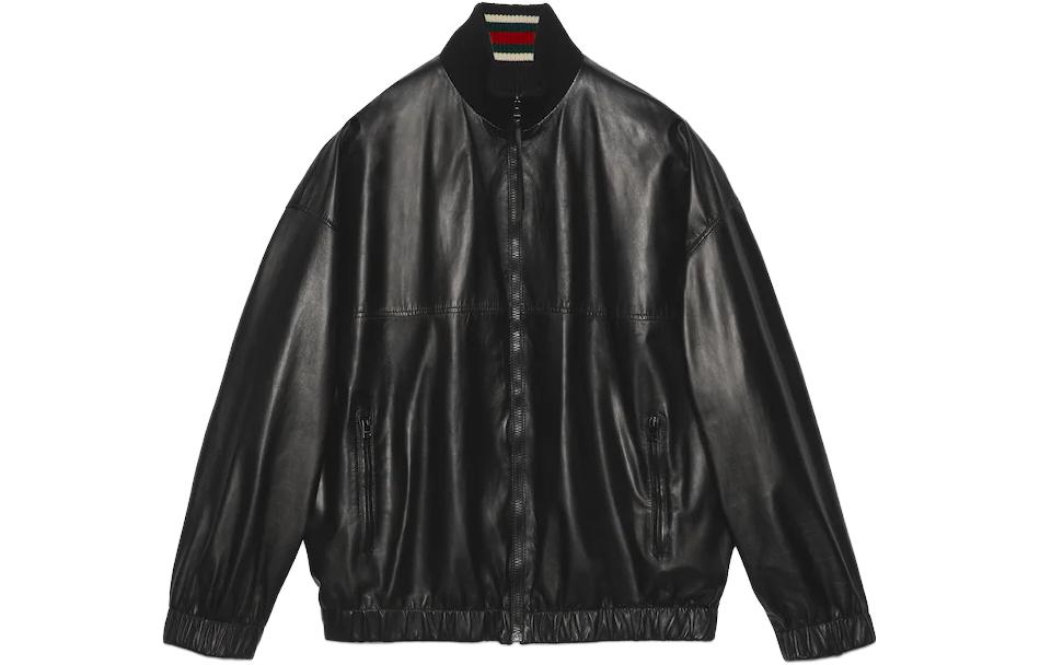Gucci SS23 Black Leather Bomber Jacket Casual Stand Collar Long Sleeve 741435-XNAPL-1000