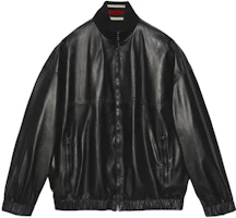Gucci SS23 Black Leather Bomber Jacket Casual Stand Collar Long Sleeve 741435-XNAPL-1000 Gucci SS23 Black Leather Bomber Jacket Casual Stand Collar Long Sleeve 741435-XNAPL-1000
