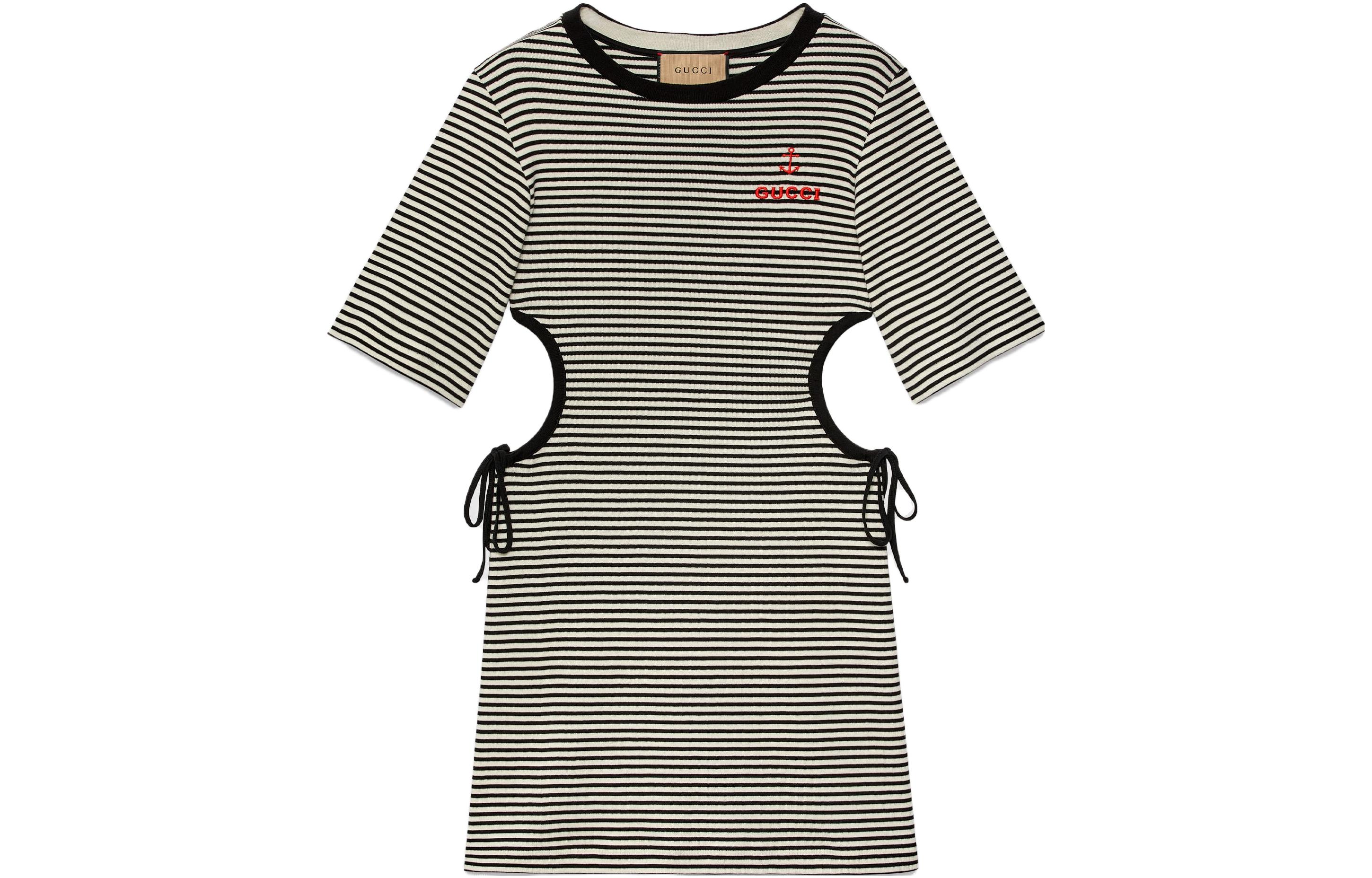 GUCCI SS23 Black Striped Hollow-Out Midi Short-Sleeve Dress. 743187-XJFHB-1043