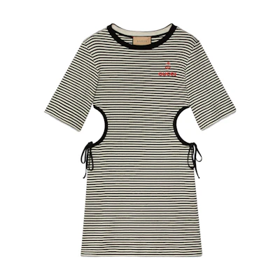 GUCCI SS23 Black Striped Hollow-Out Midi Short-Sleeve Dress. 743187-XJFHB-1043