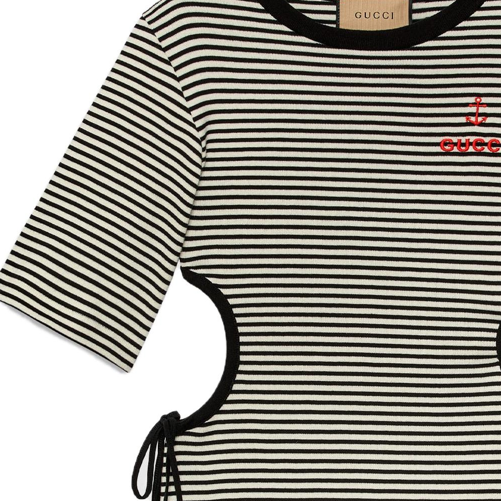 GUCCI SS23 Black Striped Hollow-Out Midi Short-Sleeve Dress. 743187-XJFHB-1043 圖 6