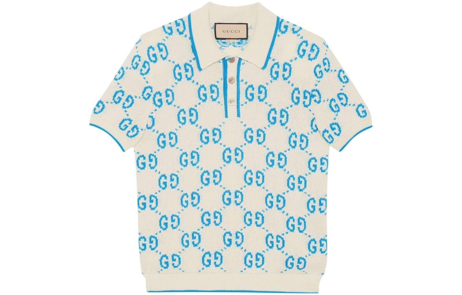 Gucci SS23 Blue and White Allover Logo Knit Polo Shirt 741962-XKC6B-9028