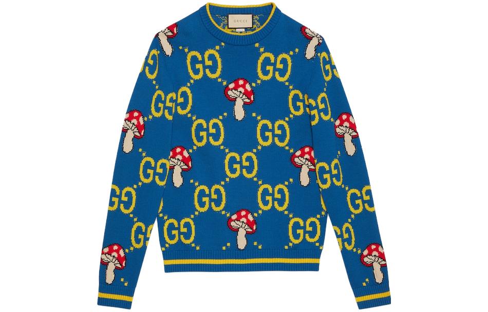 Gucci SS23 Blue Letter Mushroom Intarsia Crewneck Sweater 742907-XKDD9-4370