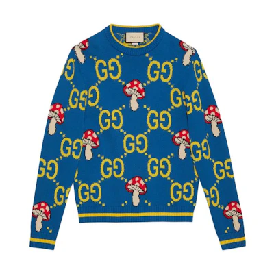 Gucci SS23 Blue Letter Mushroom Intarsia Crewneck Sweater 742907-XKDD9-4370