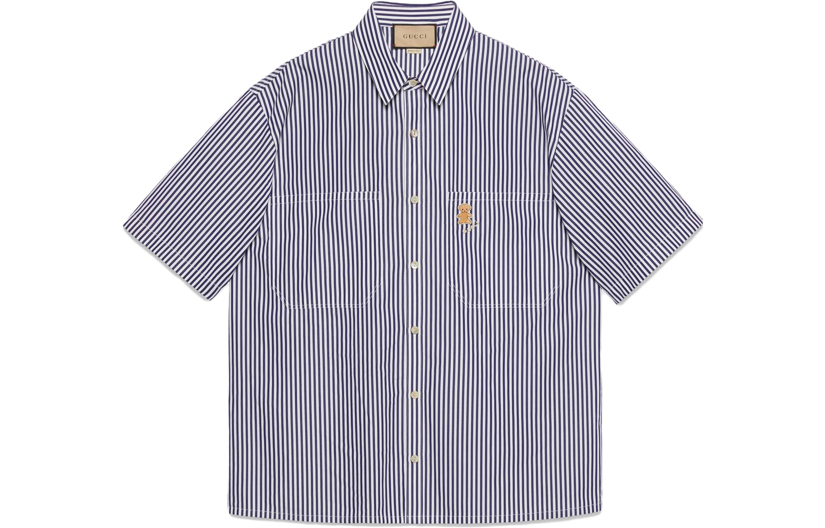 Gucci SS23 Blue Logo Bear Embroidered Striped Cotton Sun Protection Shirt 732522-ZANHE-9327