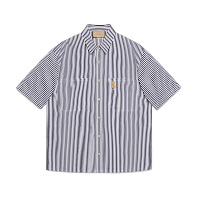 Gucci SS23 Blue Logo Bear Embroidered Striped Cotton Sun Protection Shirt 732522-ZANHE-9327