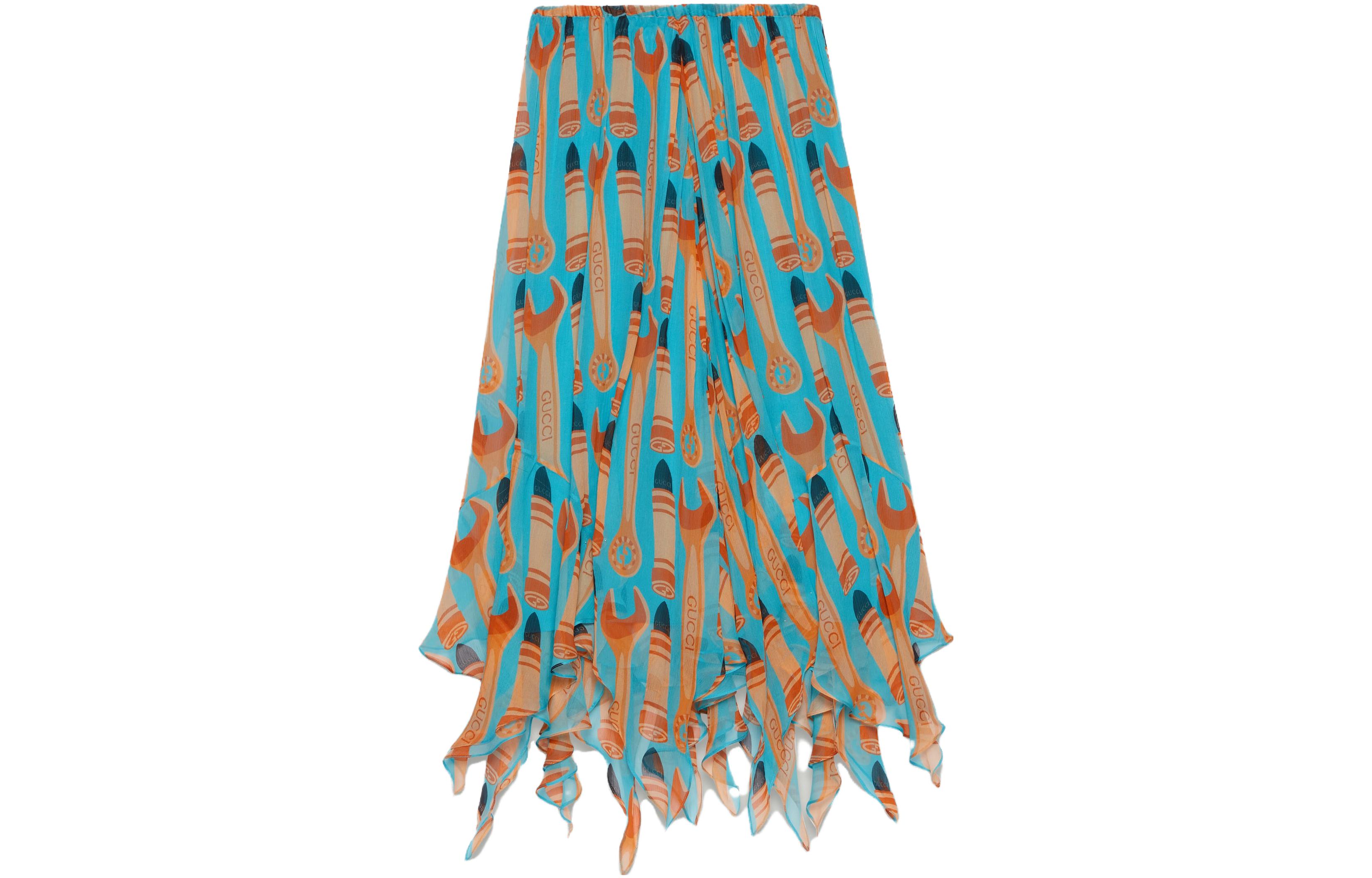 GUCCI SS23 Blue Silk Midi Skirt with Tool Pattern All-Over Print. 738081-ZAMWK-4374