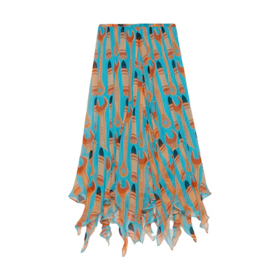 GUCCI SS23 Blue Silk Midi Skirt with Tool Pattern All-Over Print. 738081-ZAMWK-4374