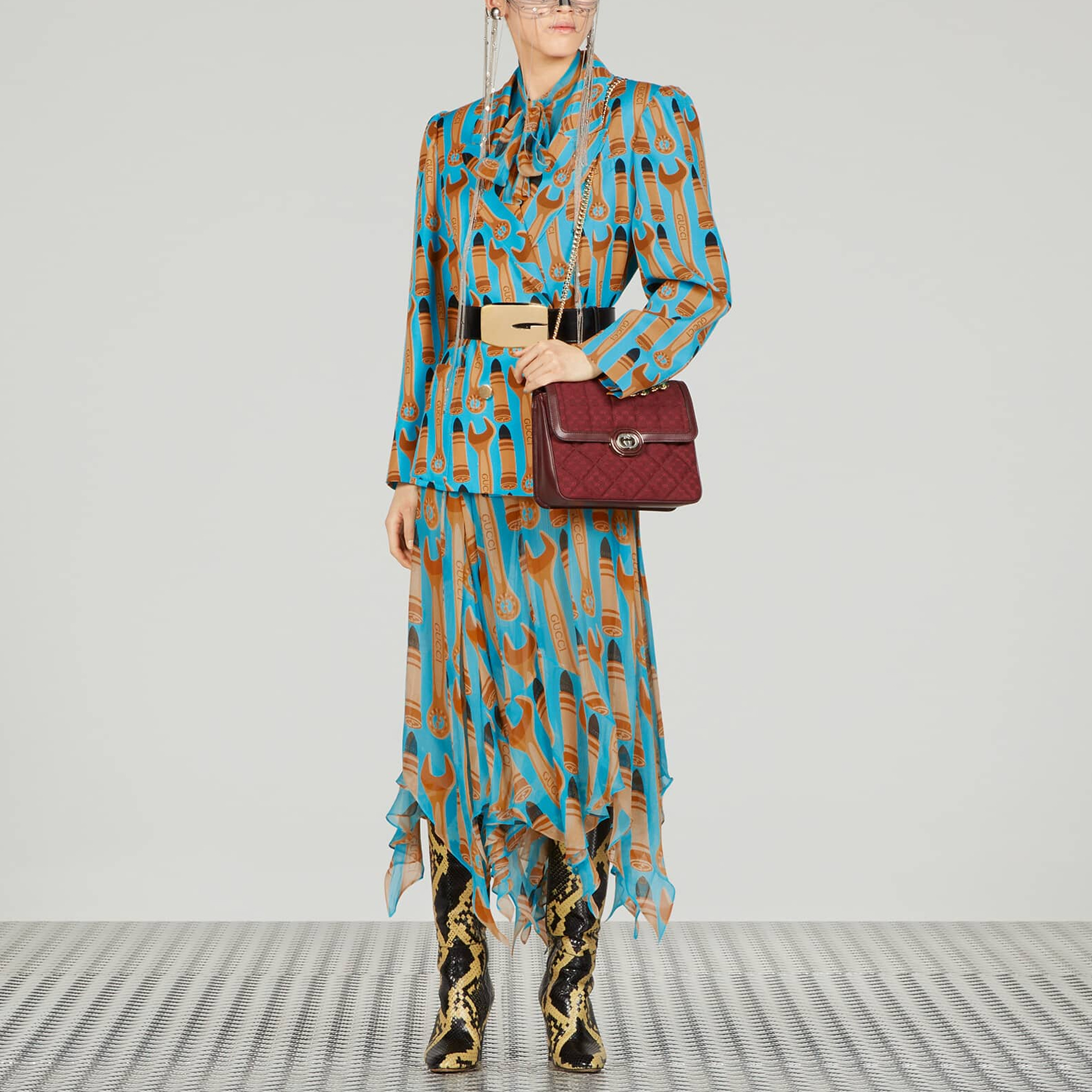 GUCCI SS23 Blue Silk Midi Skirt with Tool Pattern All-Over Print. 738081-ZAMWK-4374 圖 3