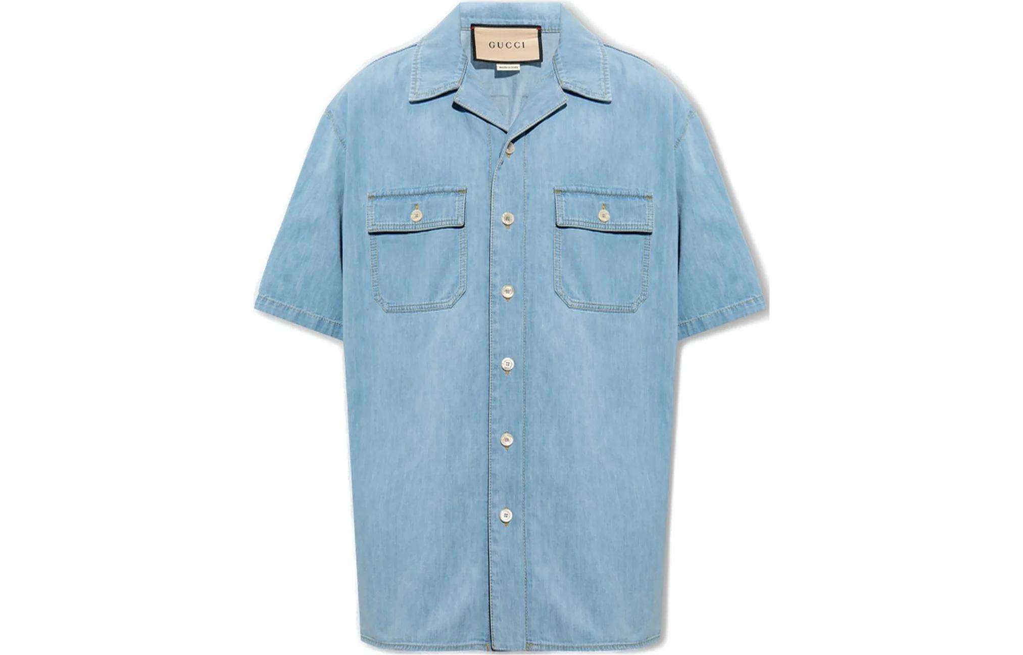Gucci SS23 Blue Solid Cuban Collar Short Sleeve Shirt 738646-XDCGL-4452