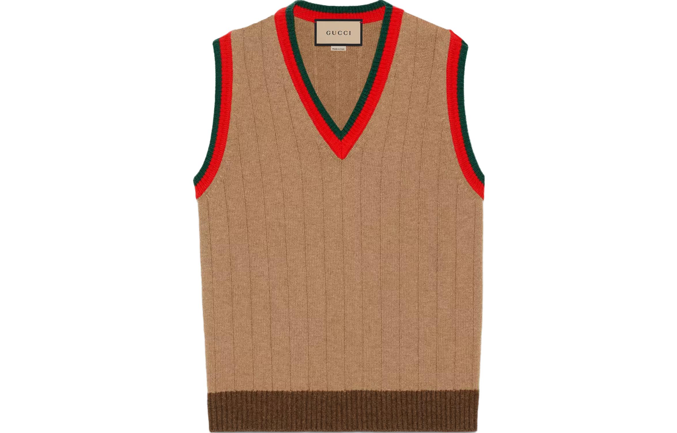 Gucci SS23 Camel V-Neck Knit Vest with Striped Trim 674348-XKB4A-2668