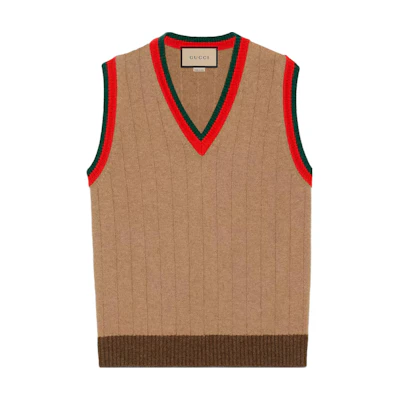 Gucci SS23 Camel V-Neck Knit Vest with Striped Trim 674348-XKB4A-2668
