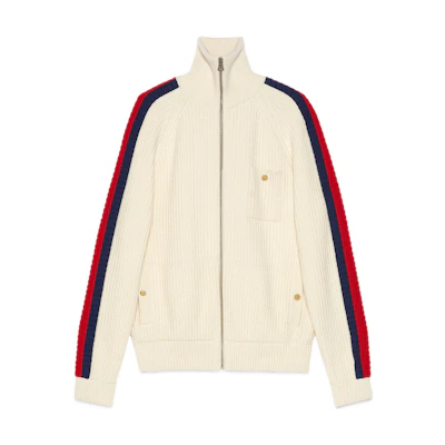 Gucci SS23 Cosmogonie Knit Jacket Men’s Zip-Up Ribbed Beige Multicolor Collar 715621-XKCOA-9118