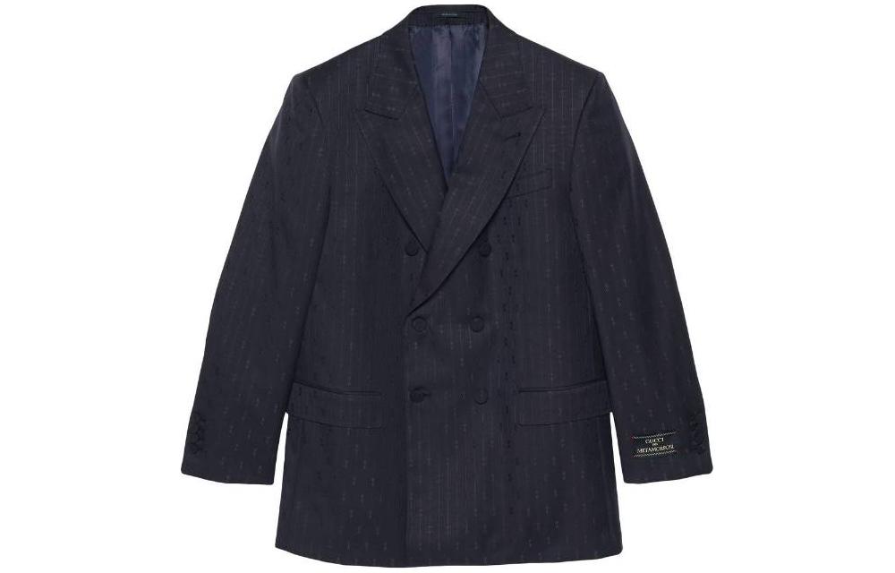 Gucci SS23 Deep Blue Striped Wool Suit Jacket with Horsebit Detailing 720687-ZAITQ-4557