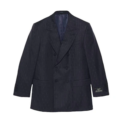 Gucci SS23 Deep Blue Striped Wool Suit Jacket with Horsebit Detailing 720687-ZAITQ-4557