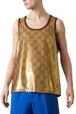 GUCCI SS23 Gold Logo Pattern Stretch Knit Pullover Vest Men 740121-XJFE0-2486 Lookbook GUCCI SS23 Gold Logo Pattern Stretch Knit Pullover Vest Men 740121-XJFE0-2486