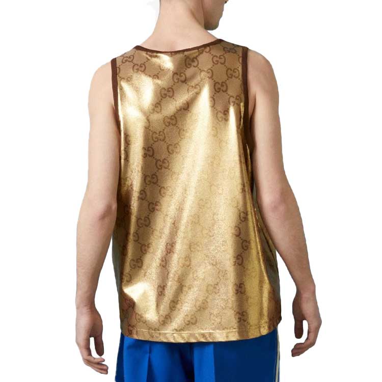 Shop 구찌 SS23 골드 로고 패턴 스트레치 니트 풀오버 베스트 남성 740121-XJFE0-2486