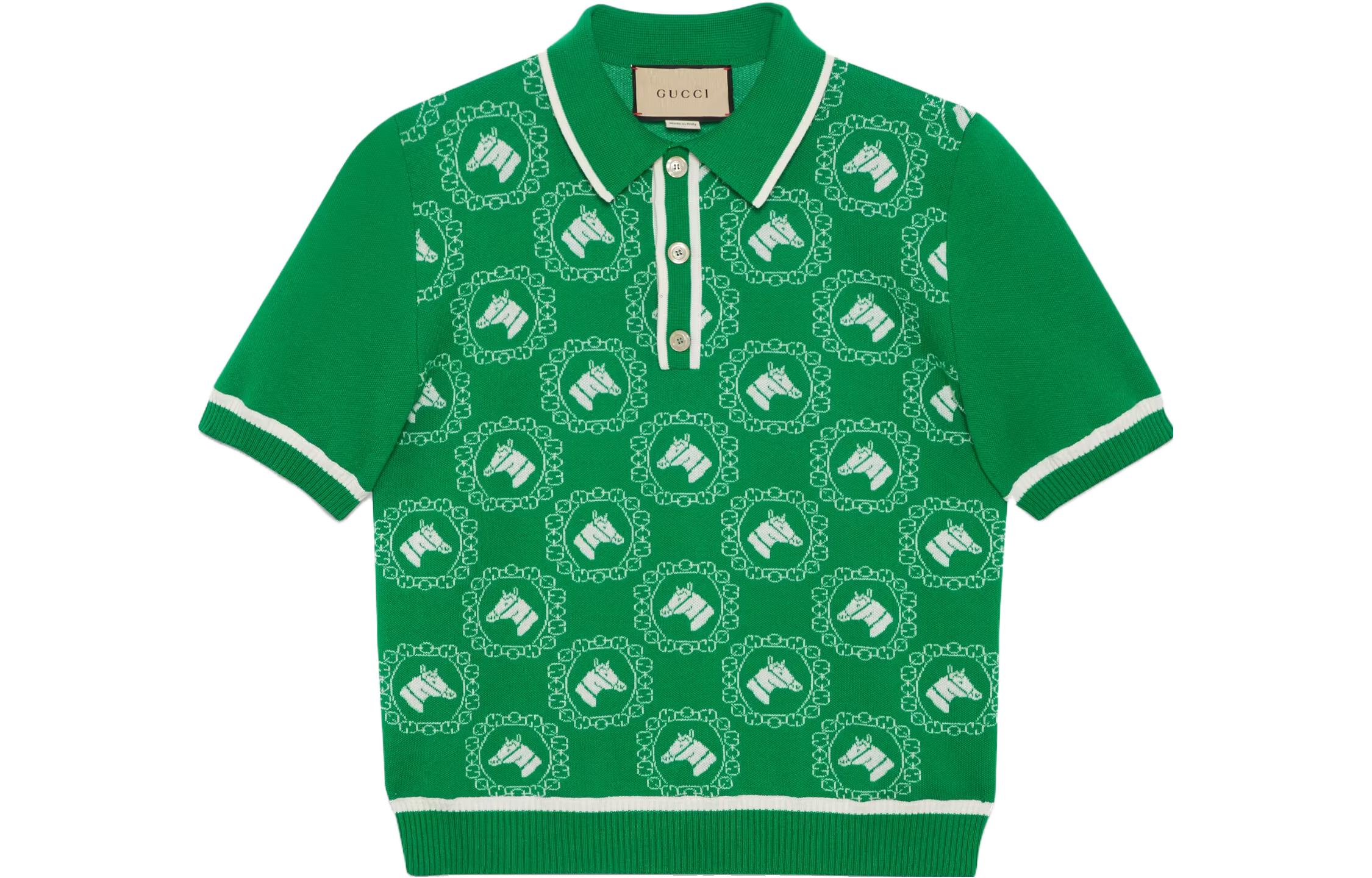 Gucci SS23 Green Striped Straight-Cut Short Sleeve Polo Shirt 740667-XKC6N-3521