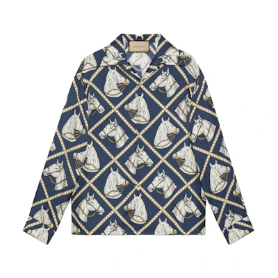 GUCCI SS23 Horse Print Single-Breasted Long-Sleeve Shirt Blue 721008-ZAK7G-4436