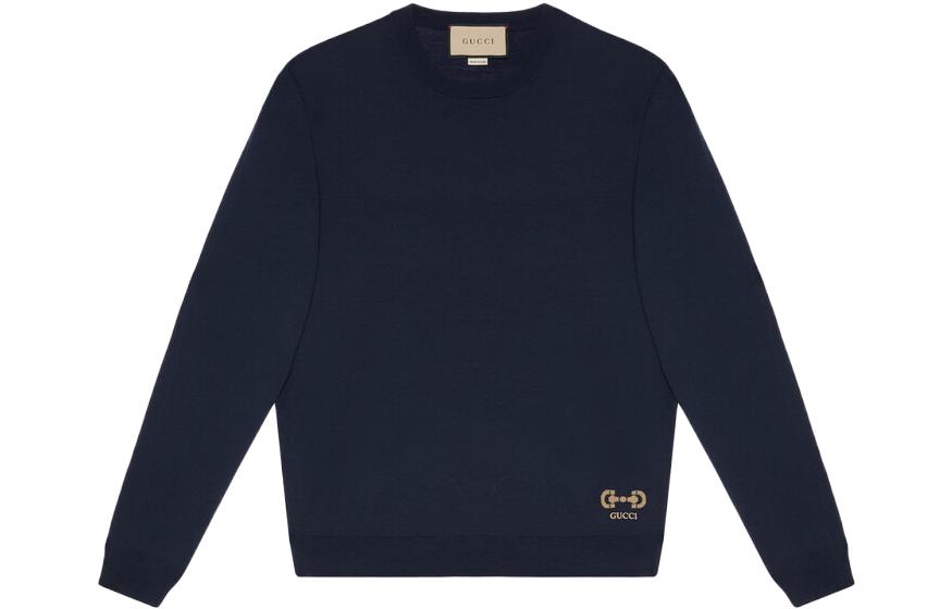 Gucci SS23 Logo Embroidered Knit Sweater Navy Blue 730974-XKCOR-4011