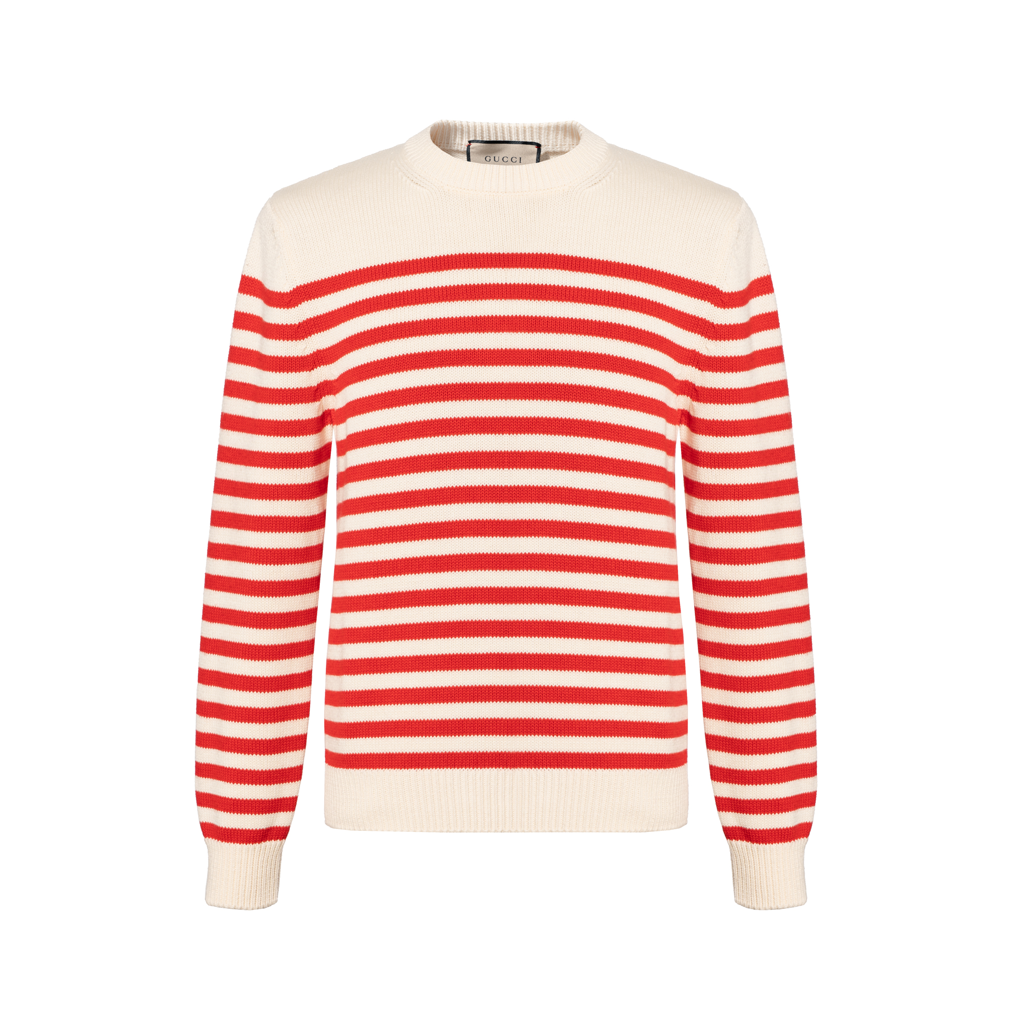 Gucci SS23 Logo Intarsia Stripe Crewneck Sweater Beige 740585-XKC6G-9176