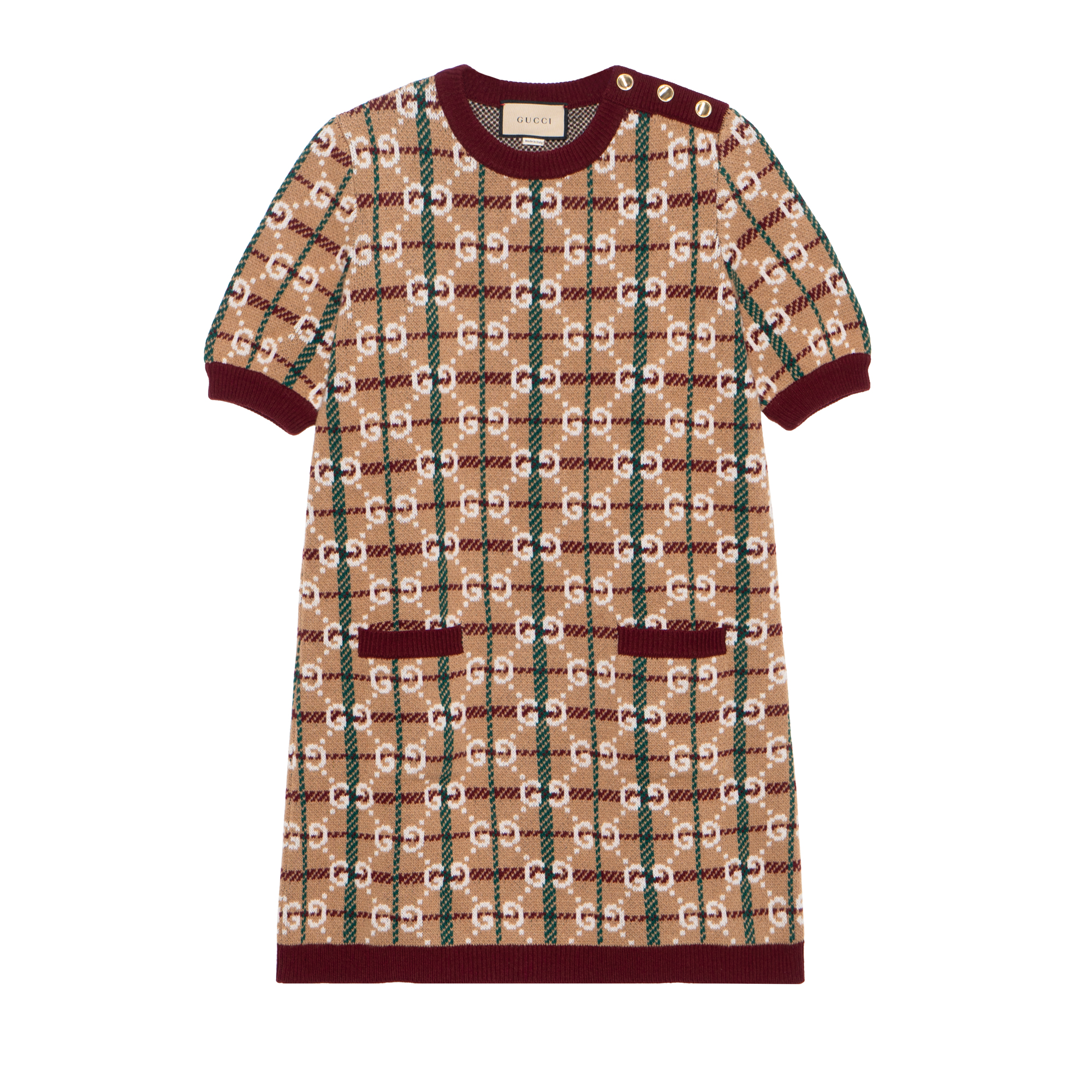 GUCCI SS23 Logo Jacquard Checkered Short Sleeve Dress Brown 731587-XKC1H-2293