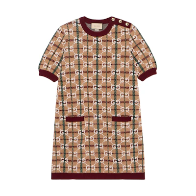 GUCCI SS23 Logo Jacquard Checkered Short Sleeve Dress Brown 731587-XKC1H-2293