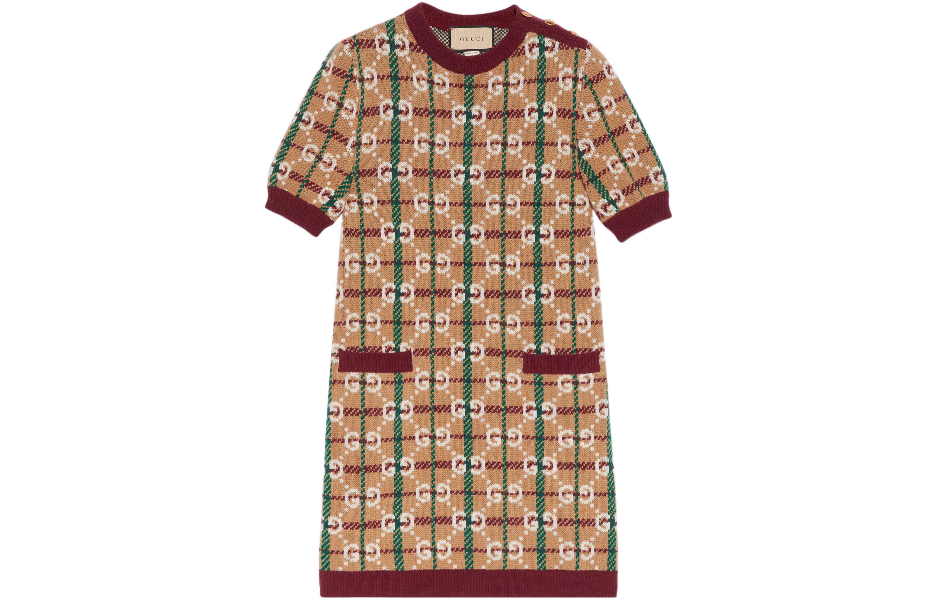 Order GUCCI SS23 Logo Jacquard Gaun Lengan Pendek Corak Coklat Kotak-Kotak 731587-XKC1H-2293