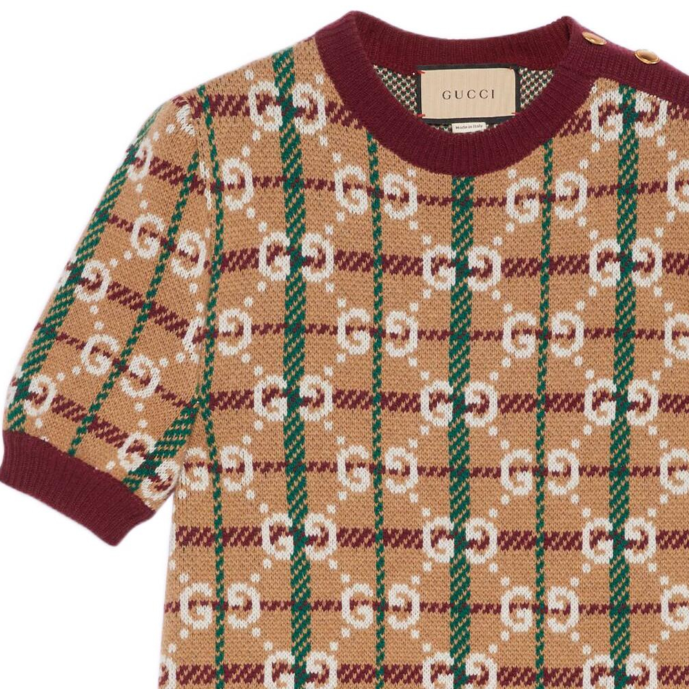 Details for GUCCI SS23 Logo Jacquard Gaun Lengan Pendek Corak Coklat Kotak-Kotak 731587-XKC1H-2293