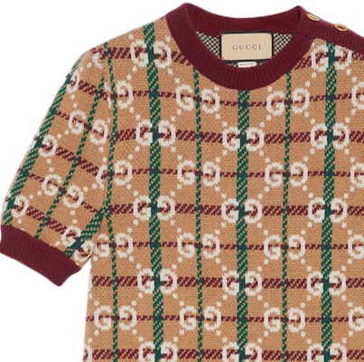 GUCCI SS23 Logo Jacquard Gaun Lengan Pendek Corak Coklat Kotak-Kotak 731587-XKC1H-2293 Details for GUCCI SS23 Logo Jacquard Gaun Lengan Pendek Corak Coklat Kotak-Kotak 731587-XKC1H-2293