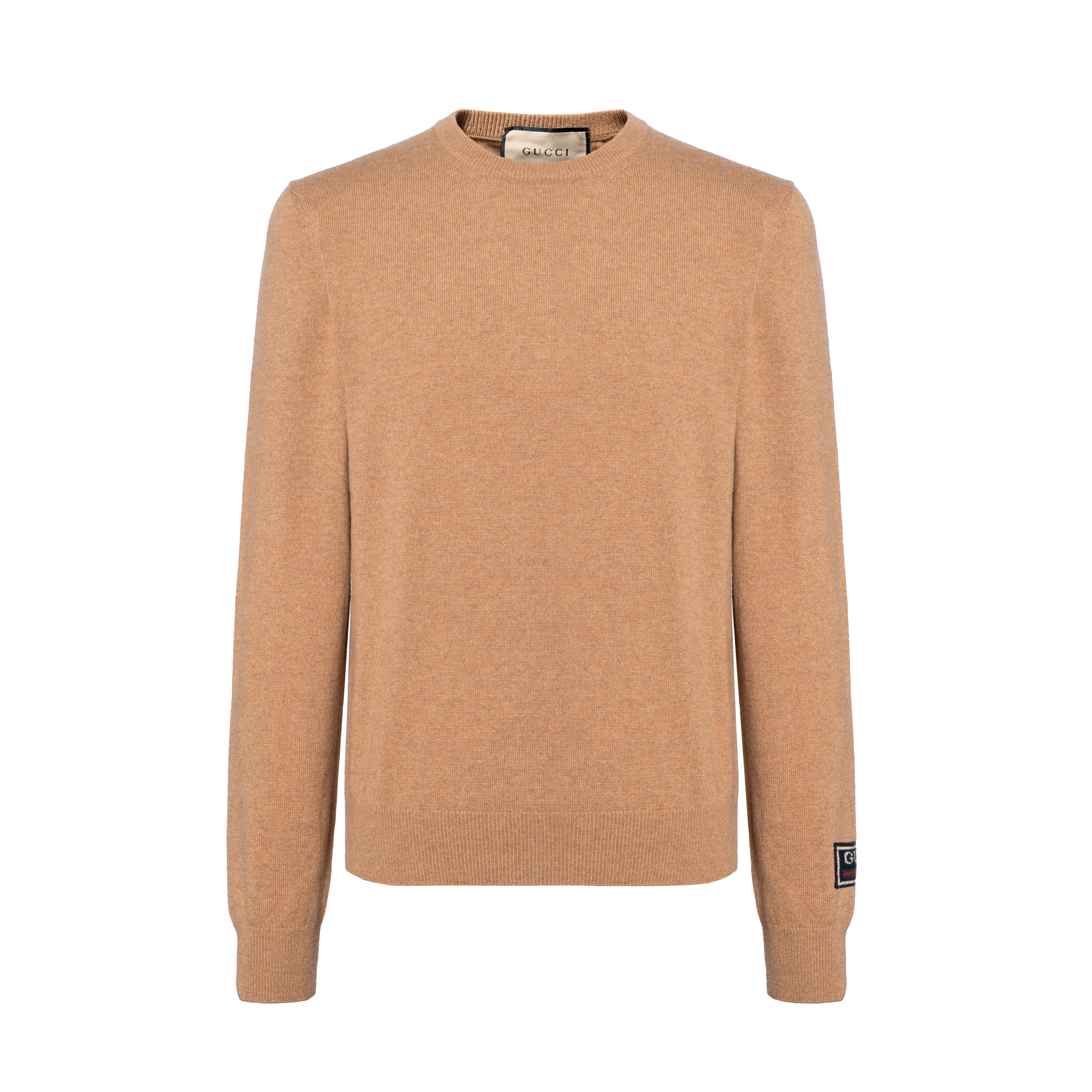 Gucci SS23 Logo Patch Crewneck Knit Sweater Men Camel 694749-XKCD3-2293