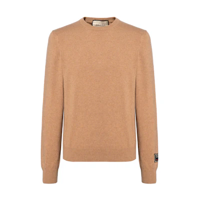 Gucci SS23 Logo Patch Crewneck Knit Sweater Men Camel 694749-XKCD3-2293