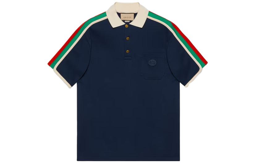 Gucci SS23 Logo Patch Striped Print Polo Shirt Men’s in Navy Blue 742382-XJFGI-4433