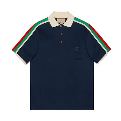 Gucci SS23 Logo Patch Striped Print Polo Shirt Men’s in Navy Blue 742382-XJFGI-4433