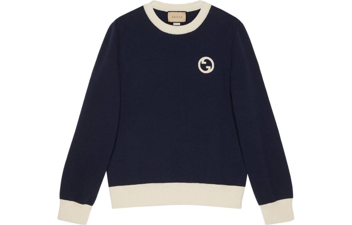 Gucci SS23 Logo Print Crewneck Long Sleeve Sweater Navy Blue Men’s 752554-XKDHA-4423