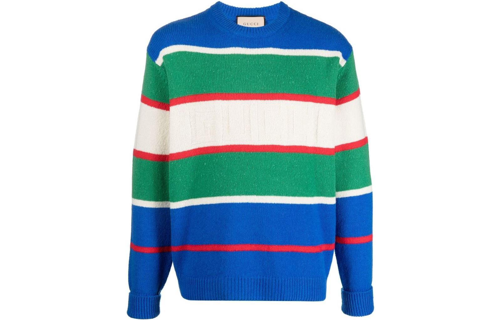 Buy Suéter Tejido Jacquard Azul con Logo Gucci SS23 a Rayas. 729528-XKC0P-4804