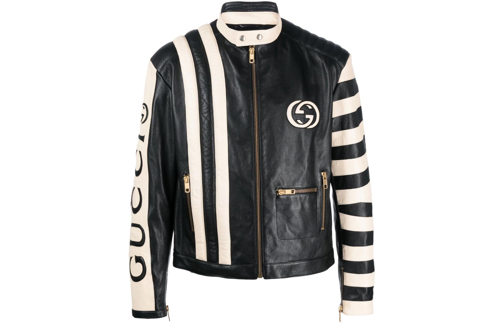 Gucci SS23 Logo Striped Patchwork Zip Leather Jacket Black/White 741439-XNAW1-1026