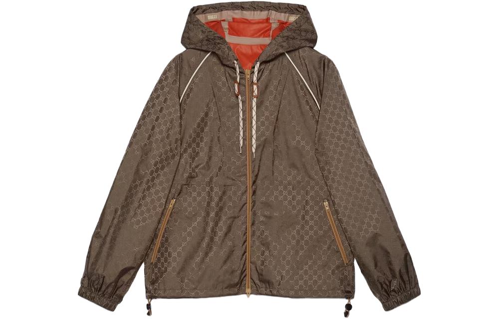 Gucci SS23 Monogram Zipper Hoodie Jacket in Brown with White Trim for Men 755546-Z8BJK-2079