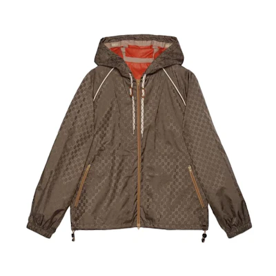 Gucci SS23 Monogram Zipper Hoodie Jacket in Brown with White Trim for Men 755546-Z8BJK-2079