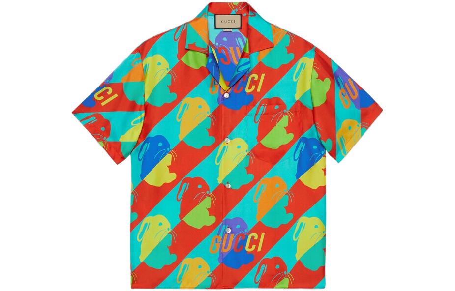 Gucci SS23 Multicolor Bunny Print Silk Short Sleeve Sun Protection Shirt 723823-ZAL0S-4886