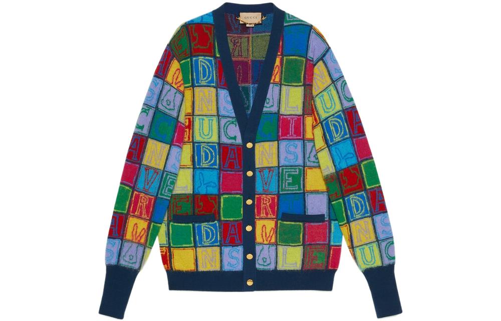 Gucci SS23 Multicolor V-Neck Long Sleeve Letter Plaid Sweater 725685-XKCZ4-3093