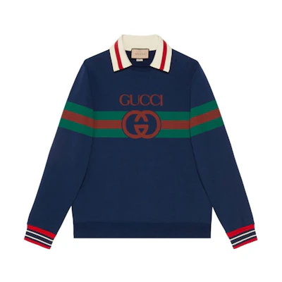 Gucci SS23 Navy Blue Colorblock Striped Letter Sweatshirt 715904-XJET4-4684