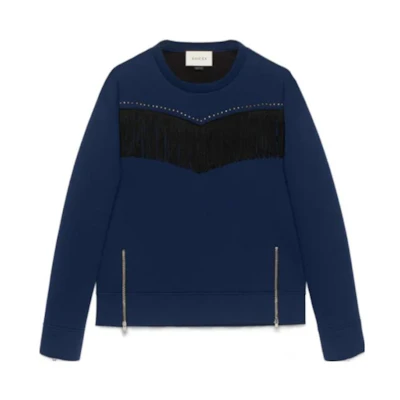 Gucci SS23 Navy Sweatshirt with Solid Color Studded Zip Hem 440149-X5F41-4185