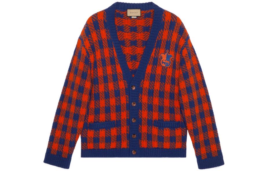 Gucci SS23 Red V-Neck Check Wool Cardigan 711571-XKCLY-4453