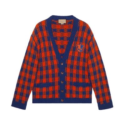 Gucci SS23 Red V-Neck Check Wool Cardigan 711571-XKCLY-4453