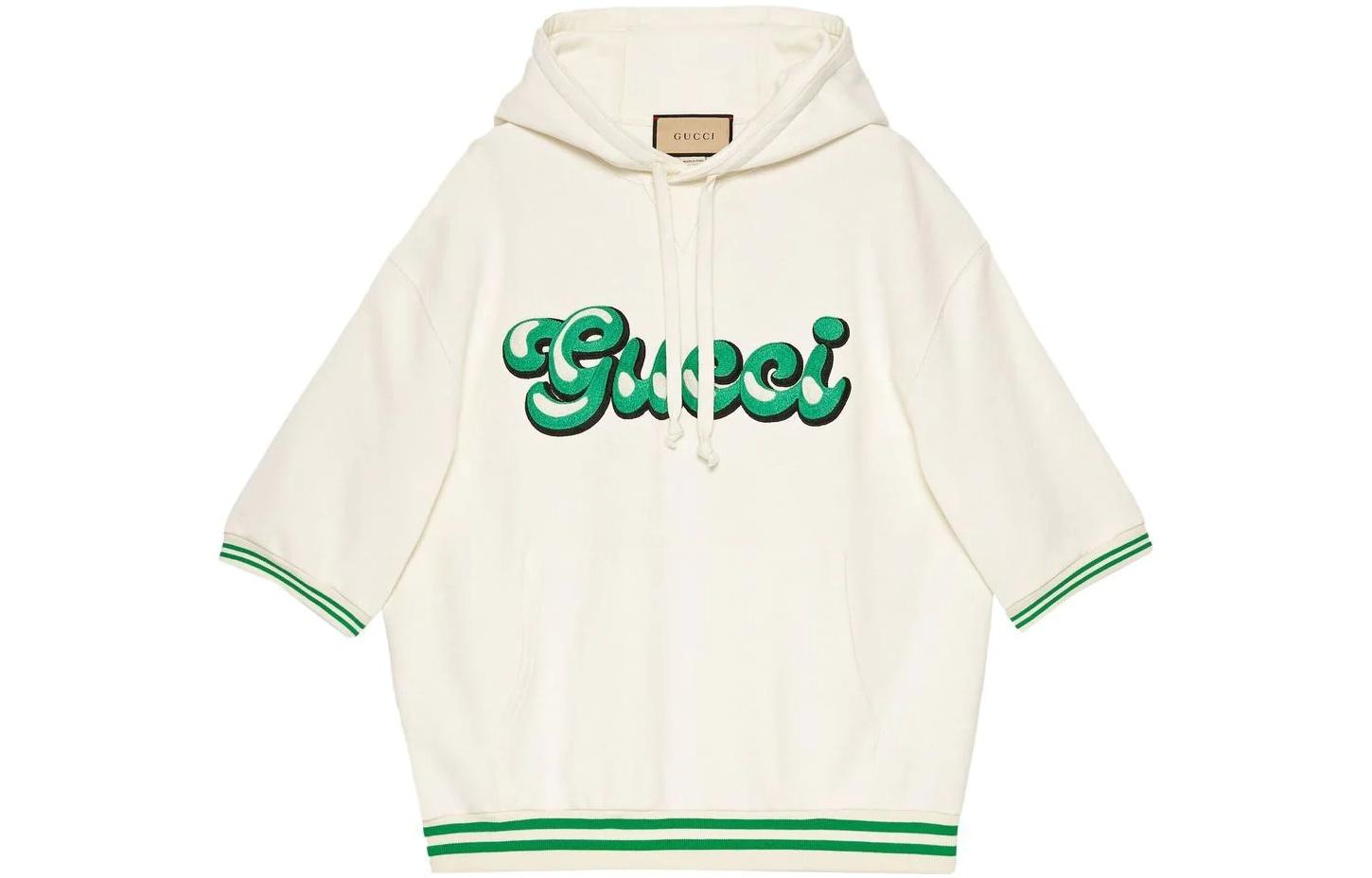 Gucci SS23 Short Sleeve Hoodie with Striped Trim Logo Embroidery - Beige 734719XJFBH9088