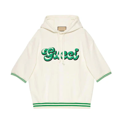 Gucci SS23 Short Sleeve Hoodie with Striped Trim Logo Embroidery - Beige 734719XJFBH9088