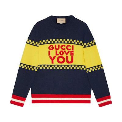 Gucci SS23 Striped Embroidered Logo Crewneck Sweater Navy Blue 743127-XKDF5-4298